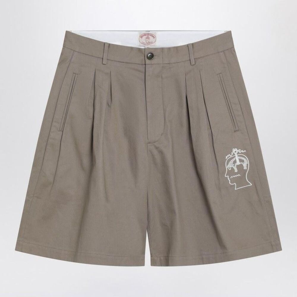 BRAIN DEAD Pleated Shorts with Embroidered Graphic Men Beige Pants